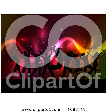 Clipart Silhouetted Dance Team Against Neon Lights - Royalty Free Vector Illustration by KJ Pargeter