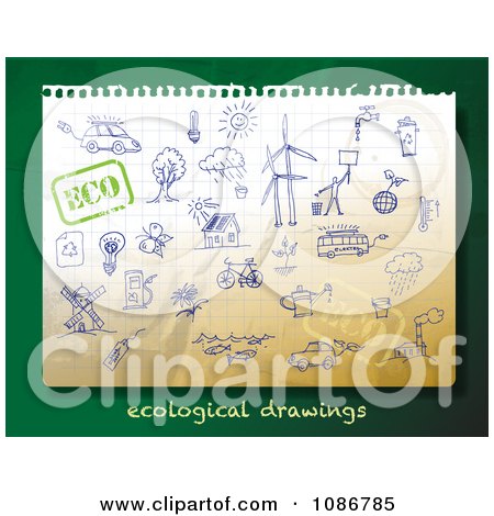Clipart Blue Ink Ecology Sketches On Green - Royalty Free Vector Illustration by Eugene