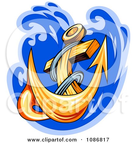 Clipart Gold Anchor Splashing Into Blue Water - Royalty Free Vector Illustration by Vector Tradition SM