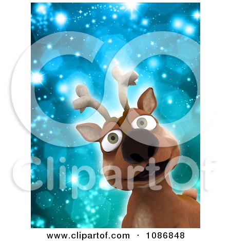 Clipart 3d Christmas Reindeer Smiling Over Blue Sparkles - Royalty Free CGI Illustration by KJ Pargeter