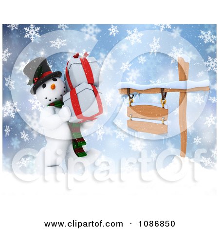 Clipart 3d Christmas Snowman Carrying Gifts By A Sign In The Snow - Royalty Free CGI Illustration by KJ Pargeter
