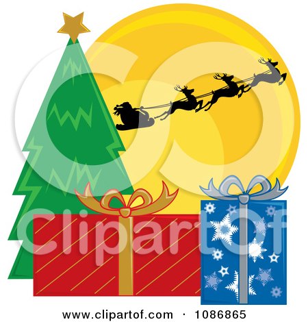 Clipart Santas Sleigh And Reindeer Against The Christmas Eve Moon Over A Tree And Presents - Royalty Free Vector Illustration by Pams Clipart