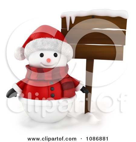 Clipart 3d Snowman In A Santa Suit By A Wood Sign - Royalty Free CGI Illustration by BNP Design Studio