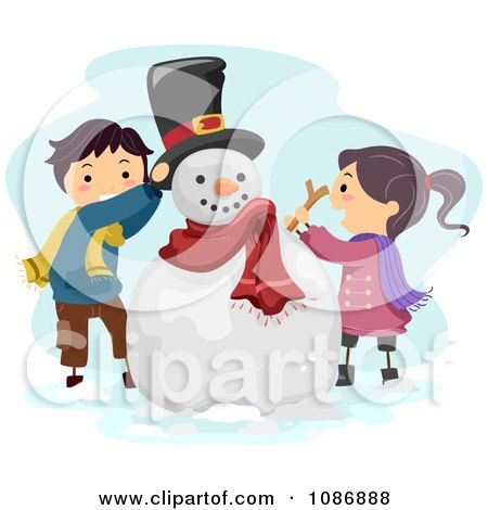 Clipart Kids Putting A Hat And Stick On A Snowman - Royalty Free Vector Illustration by BNP Design Studio