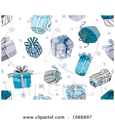 Clipart Background Of Blue Christmas Gifts And Stars On White - Royalty Free Vector Illustration by BNP Design Studio