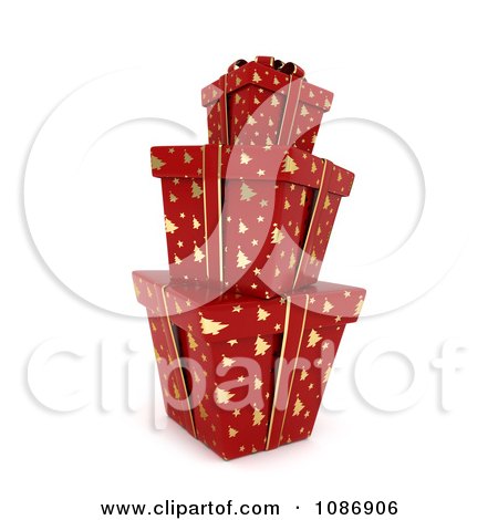 Clipart 3d Stacked Red Gift Boxes With Gold Christmas Tree Patterns And Bows - Royalty Free CGI Illustration by BNP Design Studio