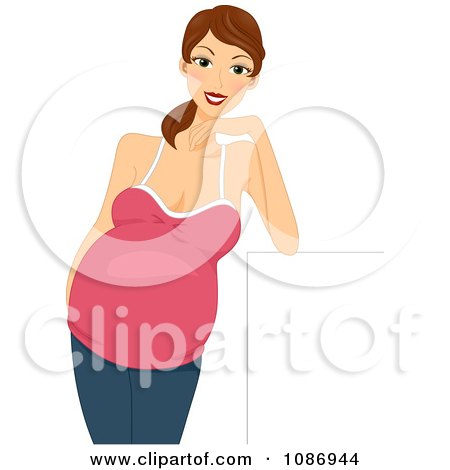 Clipart Brunette Pregnant Woman Leaning On A Sign - Royalty Free Vector Illustration by BNP Design Studio