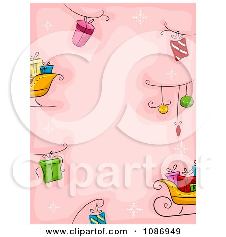 Clipart Christmas Background Of Gifts Baubles And Sleighs On Pink - Royalty Free Vector Illustration by BNP Design Studio