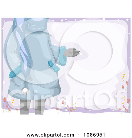 Clipart Girl In A Coat Holding Her Hand Out In The Snow Over Purple - Royalty Free Vector Illustration by BNP Design Studio