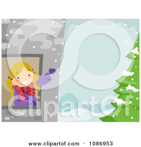 Clipart Girl Waving From A Tower Window In A Winter Landscape - Royalty Free Vector Illustration by BNP Design Studio