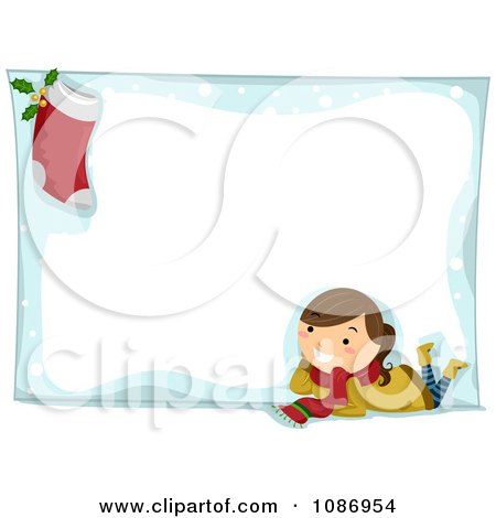 Clipart Christmas Girl And Stocking On A Christmas Snow Frame - Royalty Free Vector Illustration by BNP Design Studio