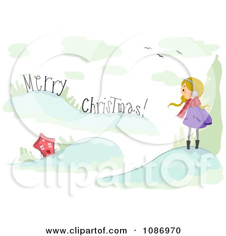 Clipart Girl Shouting Merry Christmas To A House - Royalty Free Vector Illustration by BNP Design Studio