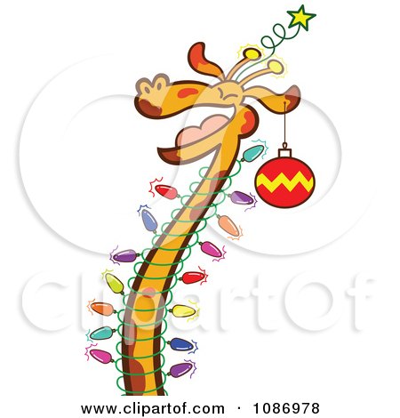 Clipart Happy Giraffe Decorated With Chrismtas Lights And An Ornament - Royalty Free Vector Illustration by Zooco