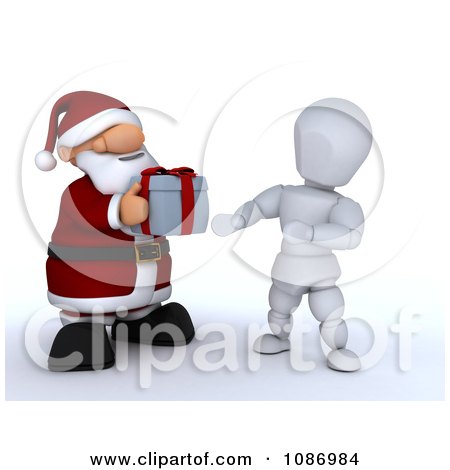 Clipart 3d Santa Giving A Christmas Gift To A White Character - Royalty Free CGI Illustration by KJ Pargeter