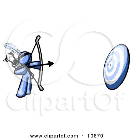 Blue Man Aiming a Bow and Arrow at a Target During Archery Practice Clipart Illustration by Leo Blanchette