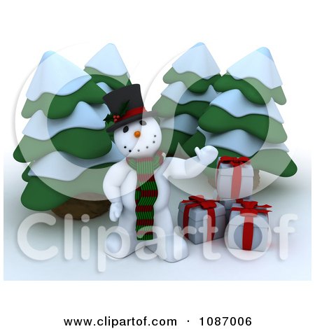 Clipart 3d Snowman Waving By Gifts And Christmas Trees - Royalty Free CGI Illustration by KJ Pargeter