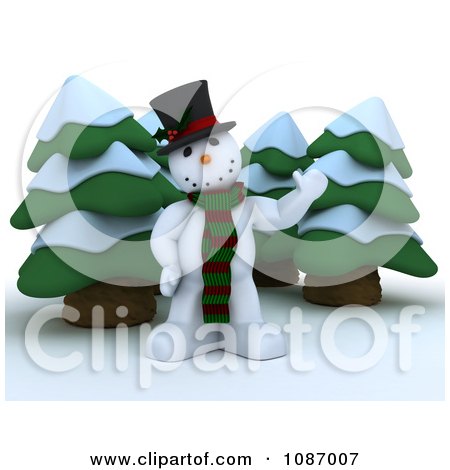 Clipart 3d Snowman Waving By Christmas Trees - Royalty Free CGI Illustration by KJ Pargeter
