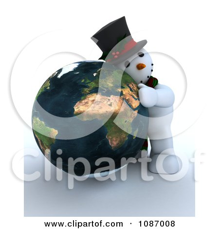 Clipart 3d Snowman Hugging A Globe Featuring Africa - Royalty Free CGI Illustration by KJ Pargeter