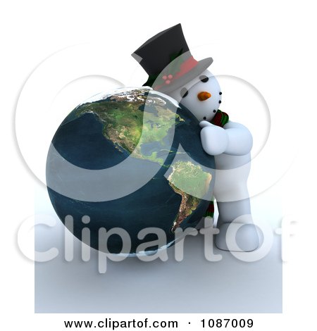Clipart 3d Snowman Hugging A Globe Featuring America - Royalty Free CGI Illustration by KJ Pargeter