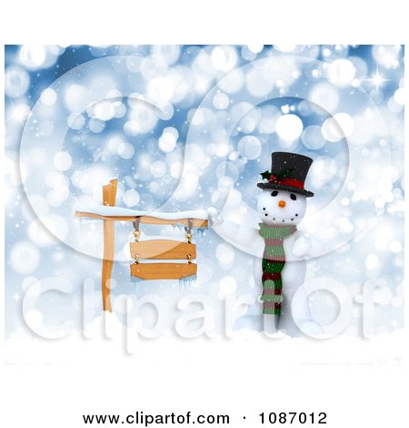 Clipart 3d Snowman With A Wooden Sign In The Snow - Royalty Free CGI Illustration by KJ Pargeter
