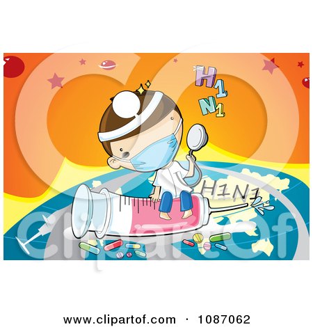 Clipart Doctor Flying Around The World With A H1N1 Flu Syringe And Medicine - Royalty Free Vector Illustration by mayawizard101