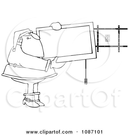 Clipart Outlined Santa Installing A Wall Mount Tv - Royalty Free Vector Illustration by djart