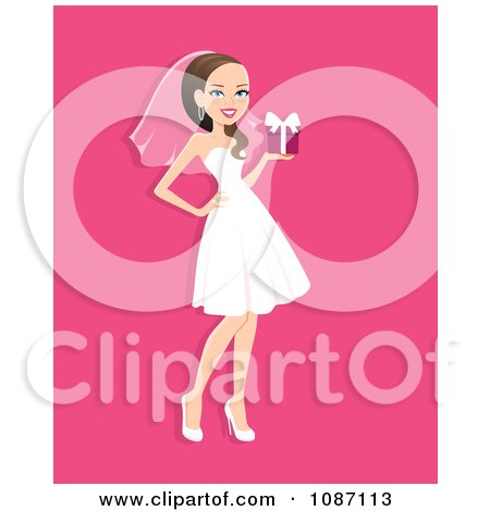 Clipart Beautiful Brunette Bride Holding A Gift And Posing In Her Dress - Royalty Free Vector Illustration by Monica