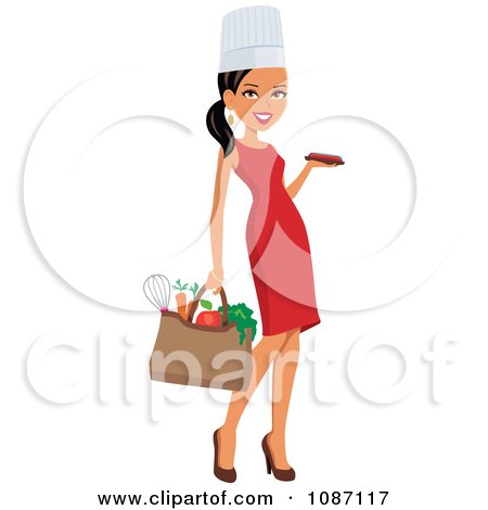 Clipart Black Chef Woman Carrying A Bag Of Groceries And A Platter - Royalty Free Vector Illustration by Monica