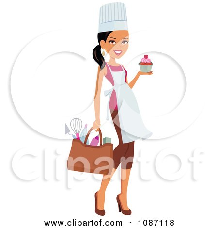 Clipart Black Chef Woman Carrying Her Gear And A Cupcake - Royalty Free Vector Illustration by Monica
