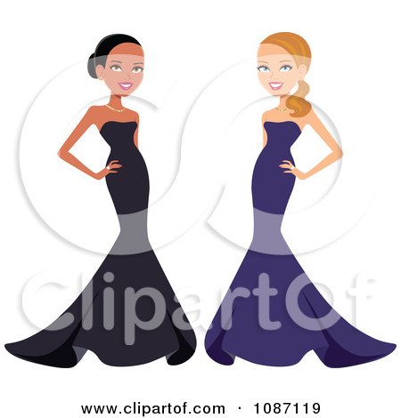 Clipart Black And White Women Posing In Formal Gowns - Royalty Free Vector Illustration by Monica