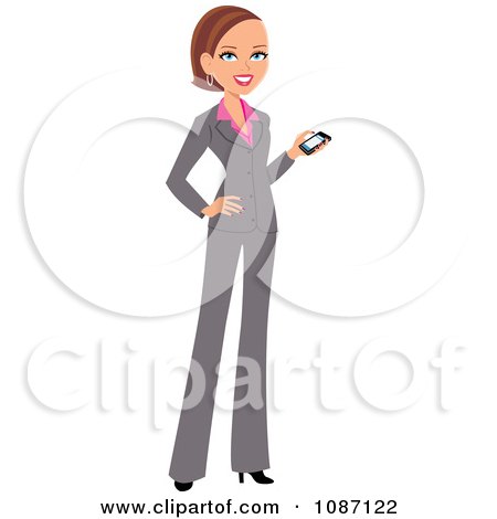Clipart Brunette Caucasian Business Woman With A Cell Phone And Gray Suit - Royalty Free Vector Illustration by Monica