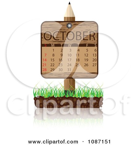 Clipart Wooden Pencil OCTOBER Calendar Sign With Soil And Grass - Royalty Free Vector Illustration by Andrei Marincas