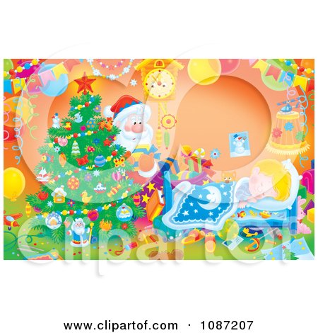 Clipart Santa Delivering Christmas Gifts By A Sleeping Boy - Royalty Free Illustration by Alex Bannykh
