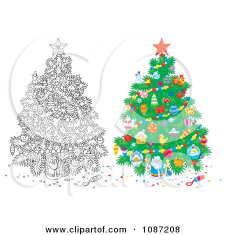 Clipart Outlined And Colored Christmas Trees With Festive Ornaments - Royalty Free Illustration by Alex Bannykh