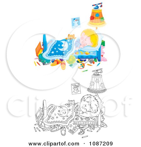Clipart Outlined And Colored Cats Looking At A Sleeping Boy - Royalty Free Illustration by Alex Bannykh