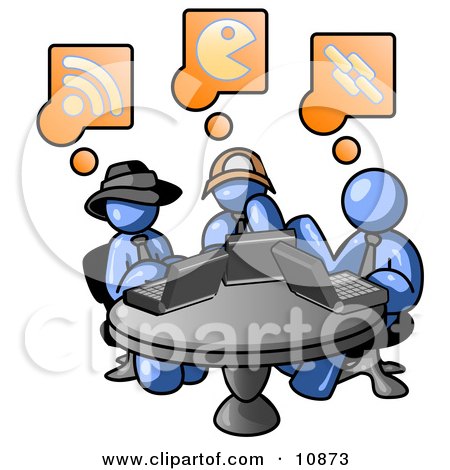 Three Blue Men Using Laptops in an Internet Cafe Clipart Illustration by Leo Blanchette