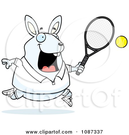 Clipart Chubby White Rabbit Playing Tennis - Royalty Free Vector Illustration by Cory Thoman