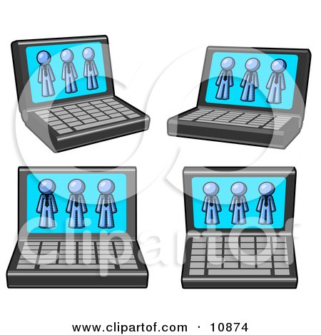 Four Laptop Computers With Three Blue Men on Each Screen Clipart Illustration by Leo Blanchette