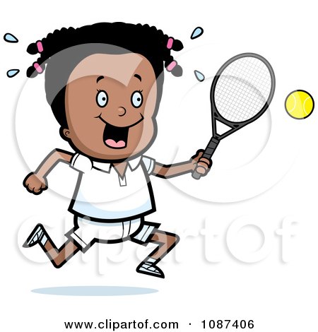 Clipart Black Tennis Girl Swinging Her Racket At The Ball - Royalty Free Vector Illustration by Cory Thoman