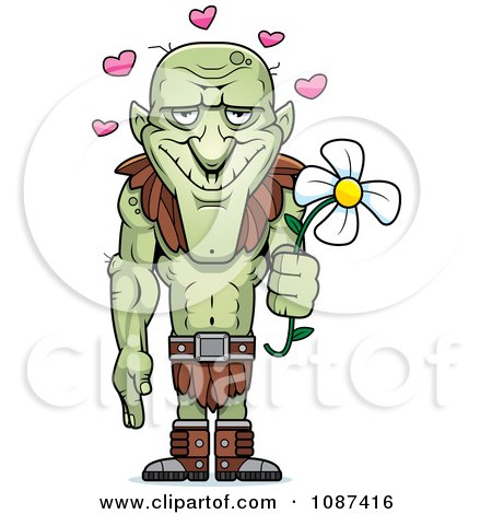 Clipart Tall Romantic Goblin Holding A Flower Under Hearts - Royalty Free Vector Illustration by Cory Thoman