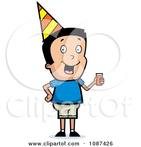 Clipart Boy Wearing A Party Hat And Holding Juice - Royalty Free Vector Illustration by Cory Thoman