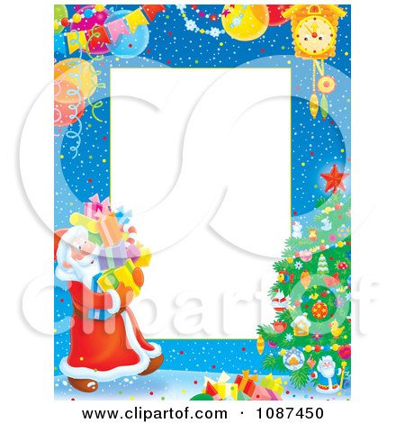Clipart Snowy Christmas Tree Frame And Santa Carrying Gifts - Royalty ...