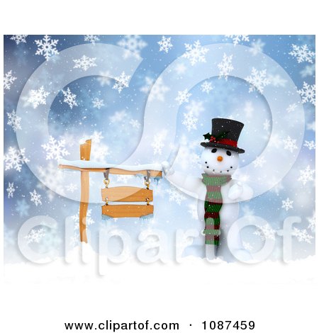 Clipart 3d Winter Snowman With A Wooden Sign In The Snow - Royalty Free CGI Illustration by KJ Pargeter