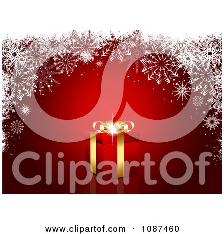 Clipart Red Christmas Background With A 3d Gold And Red Gift Box And Snowflakes - Royalty Free Vector Illustration by KJ Pargeter