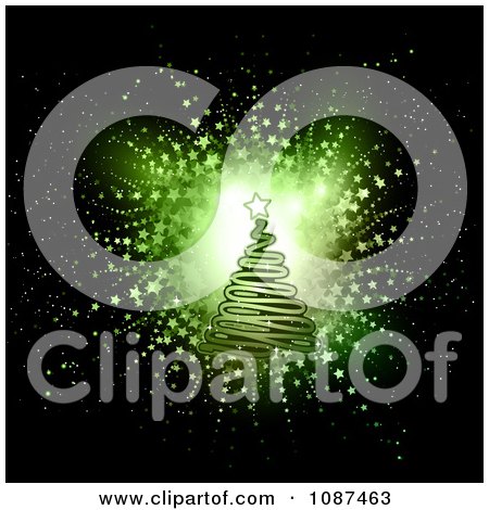 Clipart Green Scribble Christmas Tree Over A Star Burst On Black - Royalty Free Vector Illustration by KJ Pargeter