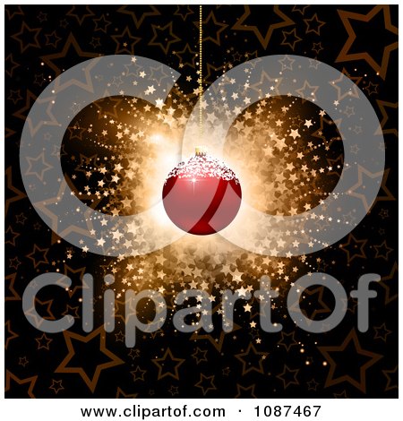 Clipart 3d Red Christmas Ornament Over A Starry Burst Background - Royalty Free Vector Illustration by KJ Pargeter