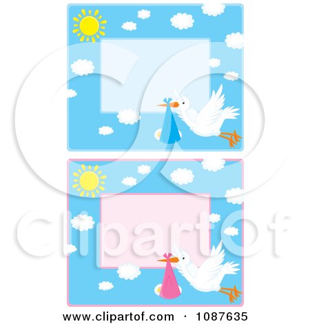 Clipart Cute Stork Flying A Baby Boy And Girl Invitations - Royalty Free Vector Illustration by Alex Bannykh