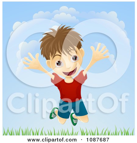 Clipart Energetic Boy Jumping Above Grass Outdoors - Royalty Free Vector Illustration by AtStockIllustration