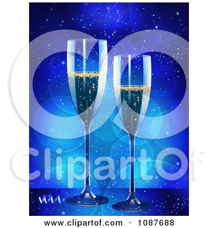 Clipart 3d Champagne Flutes And Confetti With Blue Flares - Royalty Free Vector Illustration by elaineitalia