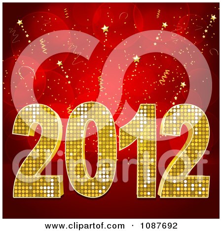 Clipart Golden 2012 New Year Over Red Rays And Stars - Royalty Free Vector Illustration by elaineitalia
